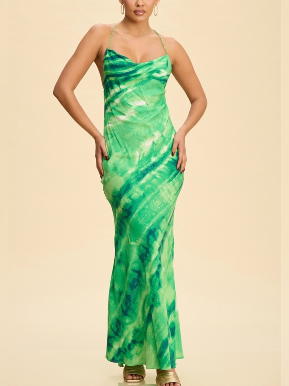 Emerald Tie-Dye Cowl Slip Maxi Dress